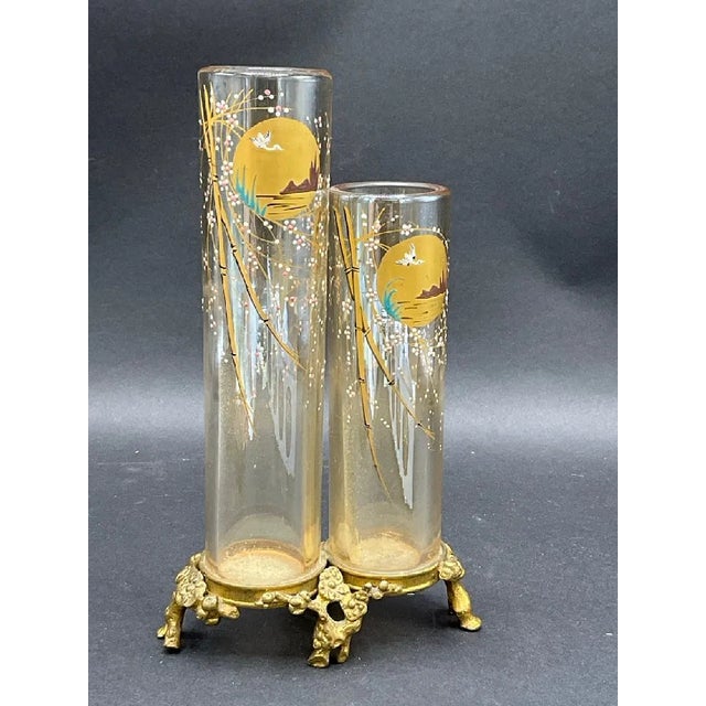 Antique French Baccarat Enameled GlassVases 7 1/2” H x Base 5”L x 1 1/2” D