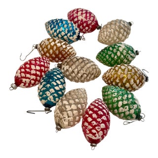 Vintage Snowy Pine Cone Ornaments, Set of 12 in Box For Sale