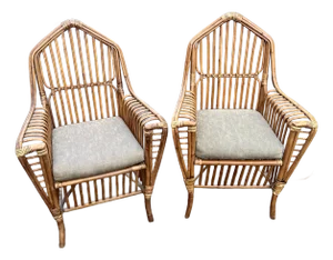 Mid 20th Century Pair Cathedral Split Reed Rattan Arm Chairs