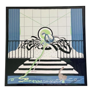1980s Framed Erté Art Deco Oversized Silk Scarf “Paresseuse”, Made in Italy For Sale