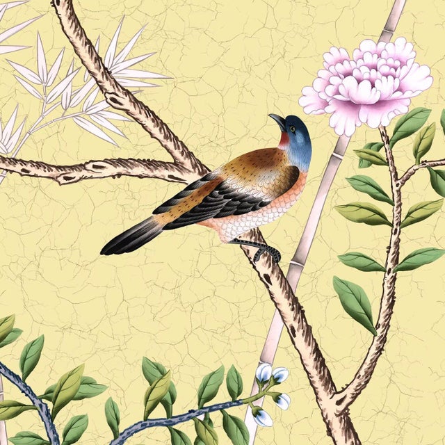 36" * H100"/Panel * 5ps, Pale Yellow Floral and Bird Wallpaper, Chinese-Style Floral and Bird Wallpaper Mural, 5 Panels For Sale - Image 4 of 6
