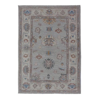 Floral Modern Oushak With Muted Gray Background and Cream Border For Sale