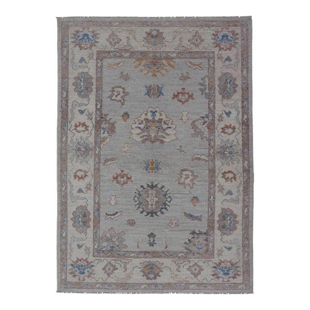 Floral Modern Oushak With Muted Gray Background and Cream Border For Sale