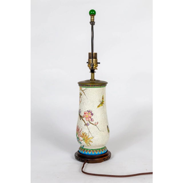 Early 20th Century Crackle Glaze Ceramic Lamp With Painted Peacock & Flower Scene For Sale - Image 4 of 9