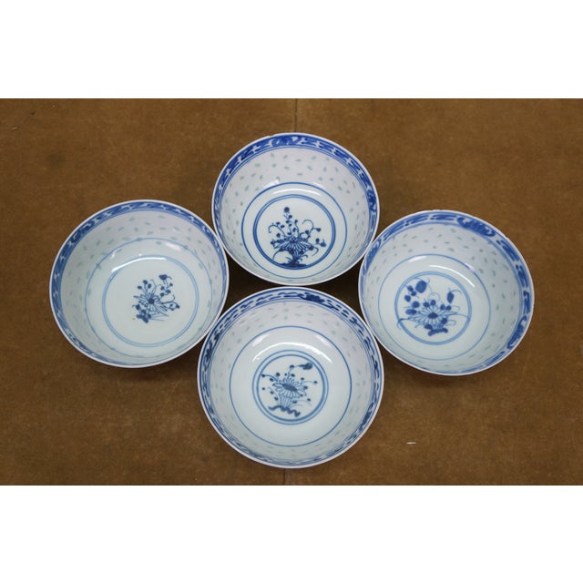 Vintage Chinese Rice Eye Grain Translucent Blue Porcelain Dinnerware - 10 Pc For Sale - Image 10 of 11