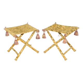 Pair English Folding X Benches in Damask Upholstery For Sale
