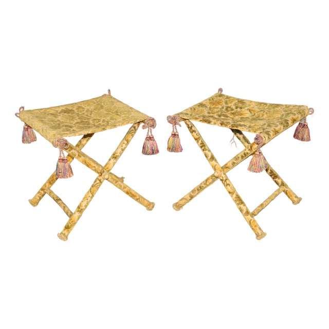 Pair English Folding X Benches in Damask Upholstery For Sale