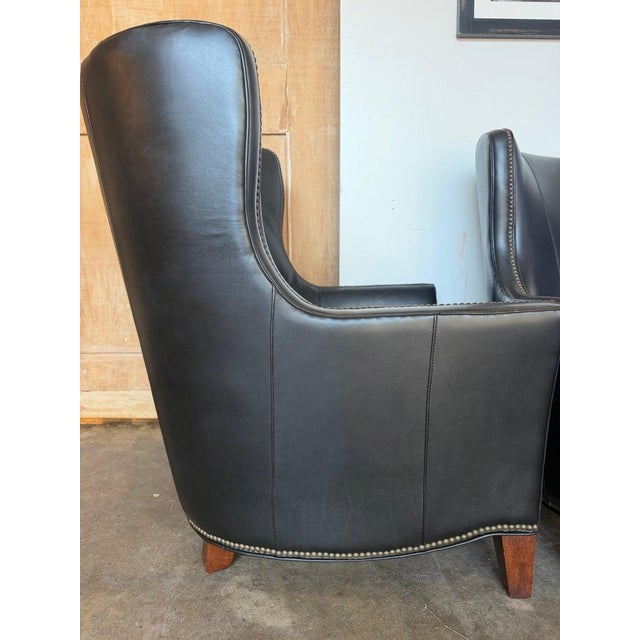 Pair of Thomasville Black Leather Wingback Lounge Chairs For Sale - Image 9 of 17