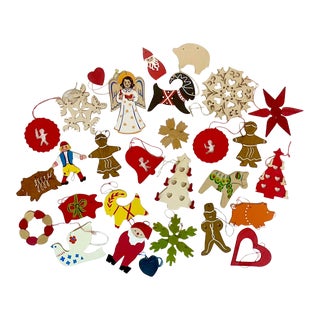 1950s Swedish Gustivian Arts & Crafts Wood Christmas Ornaments - Set of 29. For Sale