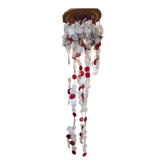 Vintage Mid-Century Modern Red & White Capiz Shell Hanging Chandelier Sculpture For Sale