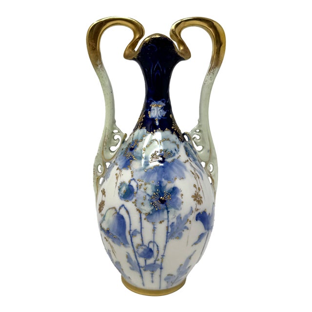 Antique RSTK Turn-Teplitz Bohemia Porcelain Vase Blue Floral Gold Moriage 9" For Sale
