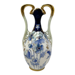 Antique RSTK Turn-Teplitz Bohemia Porcelain Vase Blue Floral Gold Moriage 9"