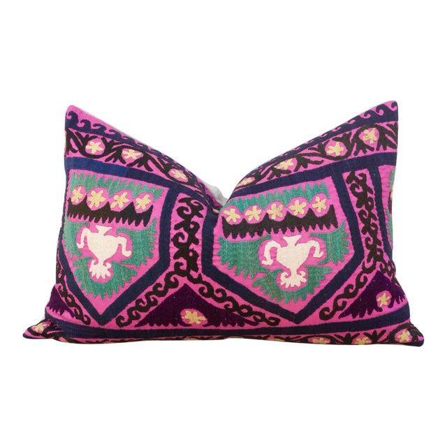 Magenta Lake Suzani Lumbar Pillow For Sale