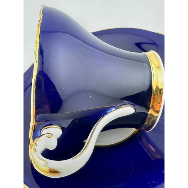 English Aynsley Cobalt Blue Teacup and Saucer, Corset Shape W/ Cabbage Rose - 1930s For Sale - Image 3 of 10