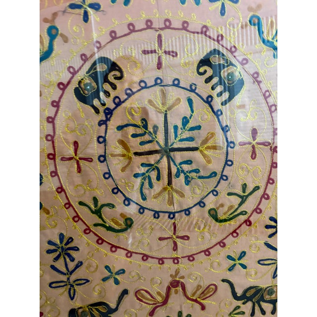 Late 19th Century Indian Embroidered Silk Camel & Elephant Ceremonial Textile Panel in Acrylic Frame, Late 19th Century For Sale - Image 5 of 8