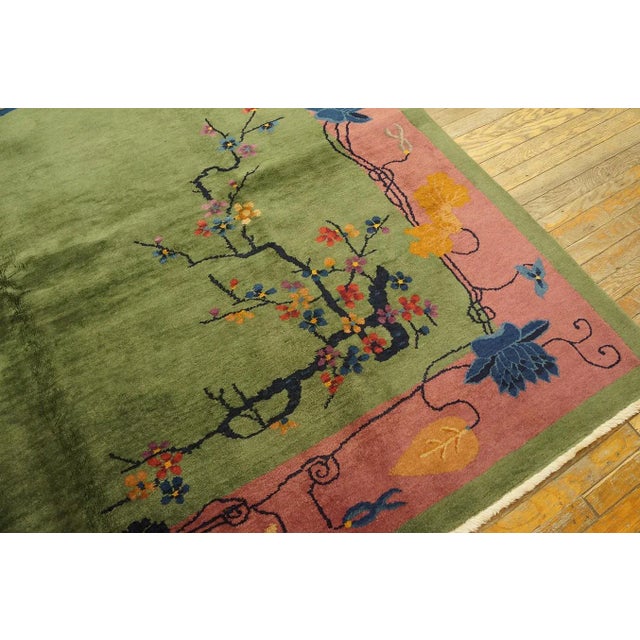 Beautiful Rare Green Color Antique Wool Piler Chinese Art Deco Carpet Rug For Sale - Image 4 of 12
