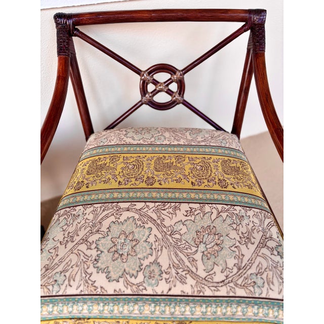 Wood 2 Professionally Refurbished McGuire Target Back Rattan Lounge Chairs With Ottoman. Upholstered in New Curated Green and Blue Vintage Fabric. For Sale - Image 7 of 12