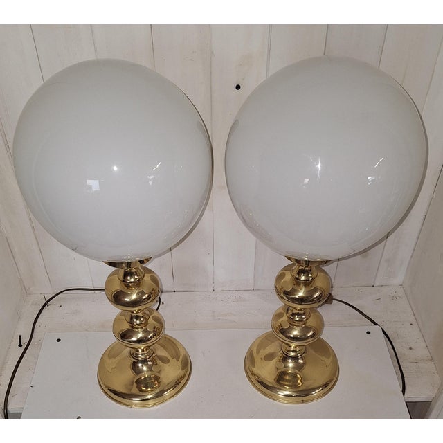Vintage Brass Table Lamps with White Glass Shades, 1970s, Set of 2 For Sale - Image 6 of 7