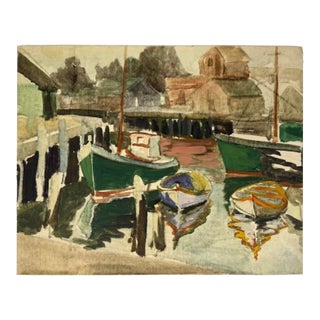 Mid-Century Modernist Harbor Scene, Mixed Media on Artist Board For Sale