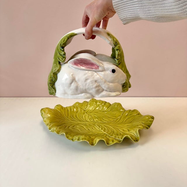 Bordallo Pinheiro Vintage Bordallo Pinheiro Majolica Rabbit and Lettuce Leaf Covered Platter For Sale - Image 4 of 10