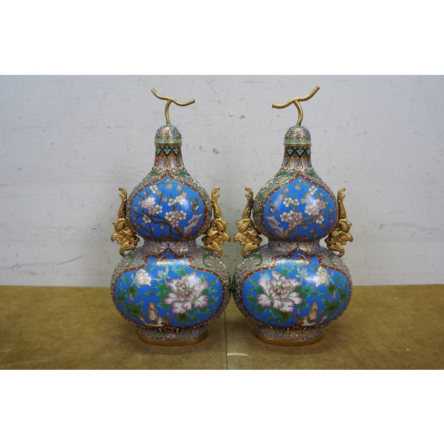 Antique Chinese Champleve Cloisonne Double Gourd Turquoise Mantel Vases Urns 12" For Sale - Image 10 of 17