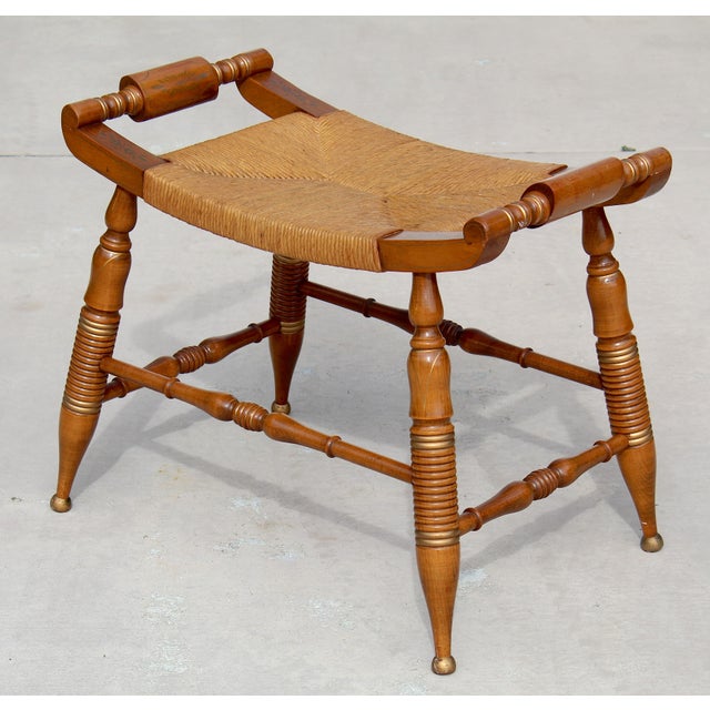 Vintage Hitchcock-Style Maple Bench With Woven Rush Seat & Gold Stenciling For Sale In Naples, FL - Image 6 of 18