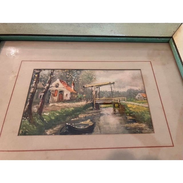 1960s Vintage Mid-Century European Canal Landscape Painting With Bridge & Cottage, Framed For Sale - Image 5 of 8