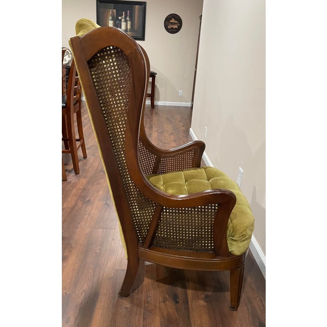 Mid 20th Century Lewittes Tufted Green Velvet Cane Wingback Chair