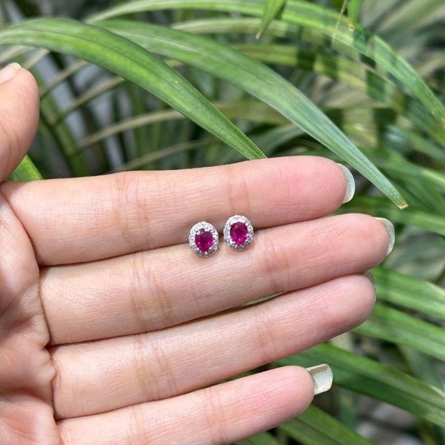 18k White Gold Natural Oval-Cut Vivid Red Ruby & Diamond Halo Stud Earrings- A Pair For Sale In New York - Image 6 of 15