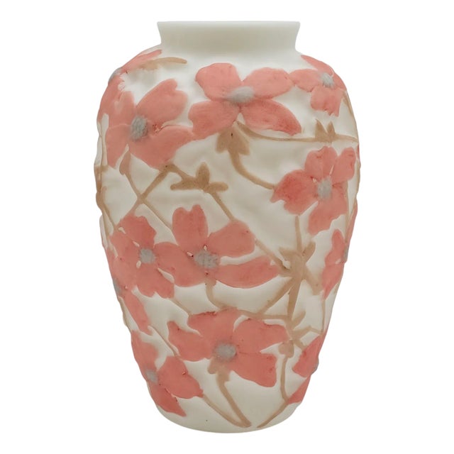 1930s Art Deco Phoenix Glass Vase With Raised Pink Dogwood Blossoms by Consolidated For Sale
