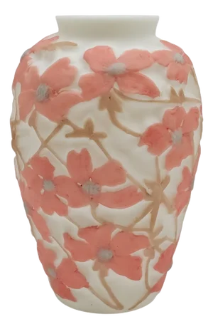 1930s Art Deco Phoenix Glass Vase With Raised Pink Dogwood Blossoms by Consolidated