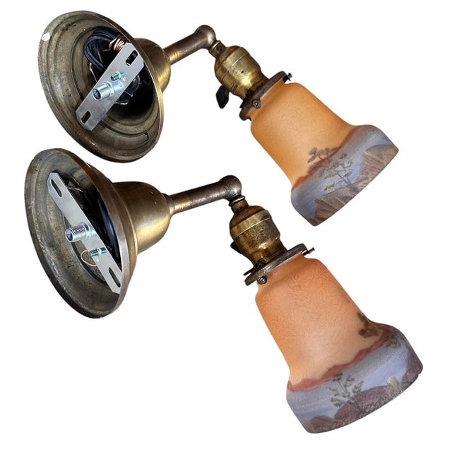 Arts & Crafts 1910s Painted Arts and Crafts Glass Shades on Original Patina Brass Wall Sconces - a Pair For Sale - Image 3 of 7