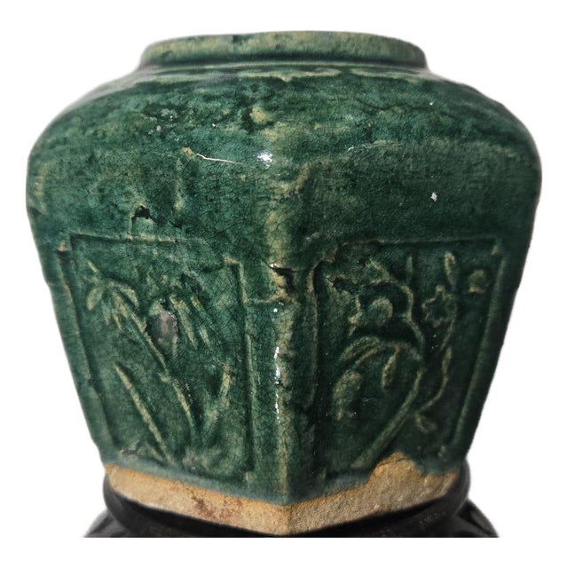 Antique Chinese Hexagon Ginger Jar: Jade Green Glazed Shiwan Pottery For Sale