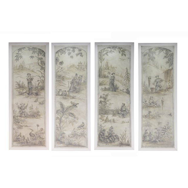 A Retro Chinoiserie-Style Gray-Toned Decorative Mural (Four-Panel Painting) For Sale - Image 12 of 14