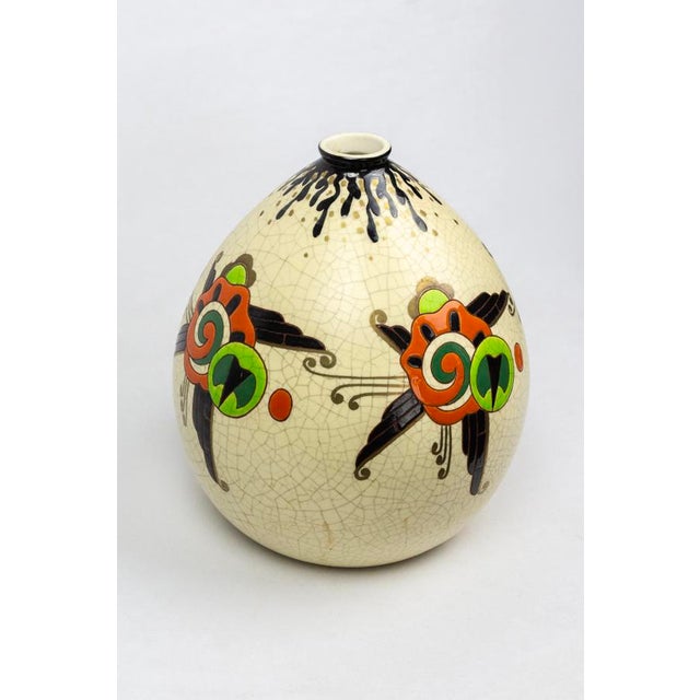 Ceramic Art Deco Vase in Crackle-Glazed Ceramic with J. Martinache Decoration from Orchies Factory, France, 1930s For Sale - Image 7 of 16