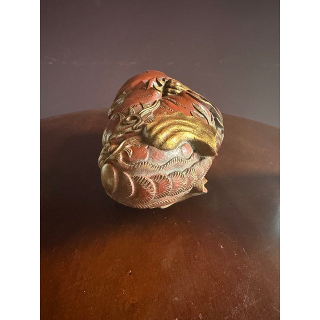 Chinese Very Unusual and Rare Carved Wood Foo Dog /Dragon Sculpture Sang De Boeuf Red With Gold Highlighting. For Sale - Image 4 of 10