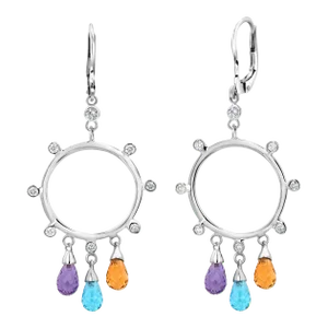 14 Karat White Gold Diamond Circle Earrings With 2.50 Carats Gemstone Briolettes - 2 Pieces