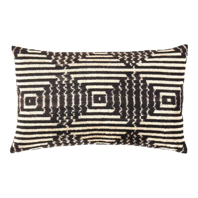Turkish Balck & White Color Velvet Ikat Pillow For Sale