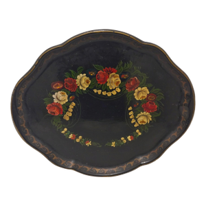 Antique Victorian Hand Painted Black Lacquered Tin Toleware Tray