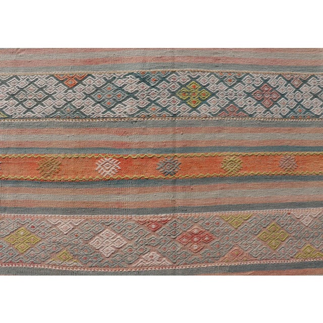 Colorful Vintage Turkish Embroidered Kilim With Stripe's and Geometric Motifs. Geometric stripe design Kilim rug in multi-...