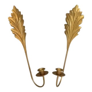 Vintage Art Nouveau Cast Gilt Bronze Leaf Matching Wall Sconces For Sale