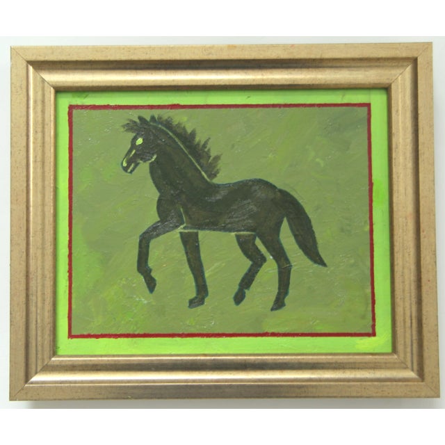 Contemporary Horse Folk Art English Traditional Minimalism Green Original Oil Painting Cleo Plowden For Sale - Image 3 of 3