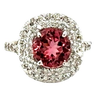 2.75 Carat Double Halo Tourmaline Diamond White Gold Engagement Ring, Size 7 For Sale
