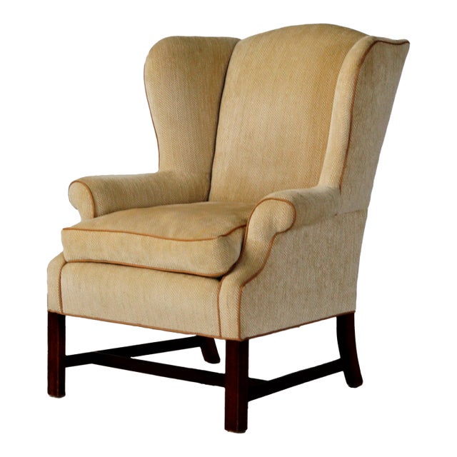 Wingback Armchair With Custom Herringbone Upholstery For Sale
