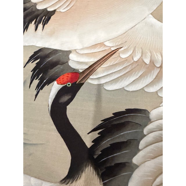 Wood Pair of Vintage Japanese Hand-Painted Silk Crane Paintings, Signed, 45" For Sale - Image 7 of 16