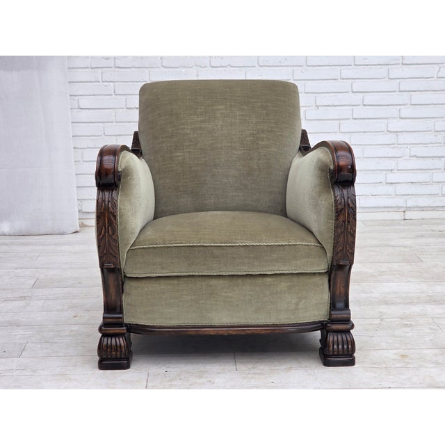 Danish Lounge Chair in Velour and Carved Oak, 1950s For Sale - Image 10 of 18