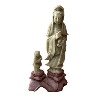 Mid 20th Century Antique Hand Carved Soapstone Figurine of Guan Yin With Child on Lotus Pedestal For Sale