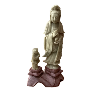 Mid 20th Century Antique Hand Carved Soapstone Figurine of Guan Yin With Child on Lotus Pedestal