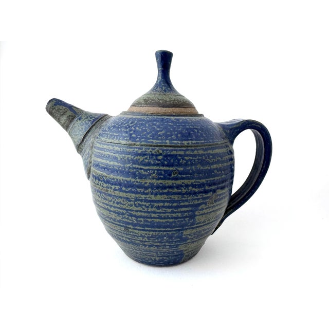 Blue Vintage Blue Stoneware Pottery Teapot, Signed For Sale - Image 8 of 11