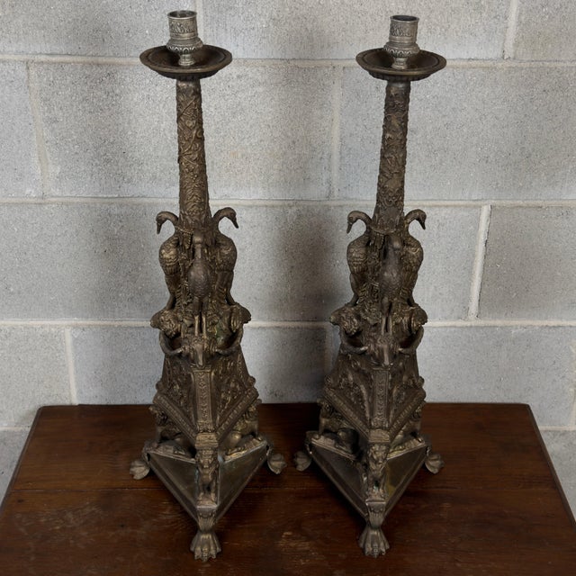Antique Bronze Candlesticks by A. Deluca, 1890s, Set of 2 For Sale - Image 3 of 17